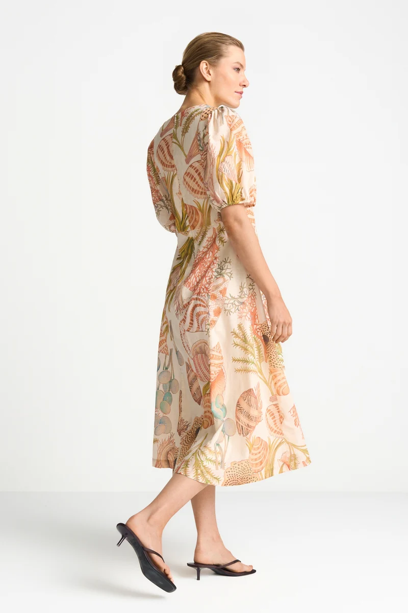 Printed Summer Cotton Midi Dress, soft papaya