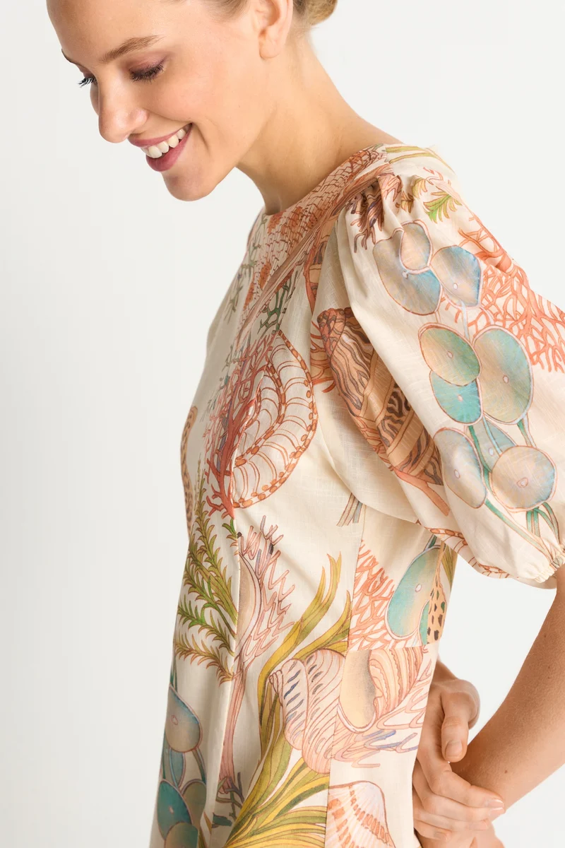 Printed Summer Cotton Midi Dress, soft papaya