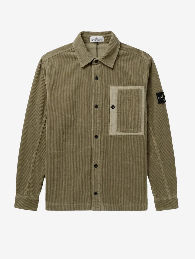 Overshirt verde militare in corduroy di cotone con tasca e badge