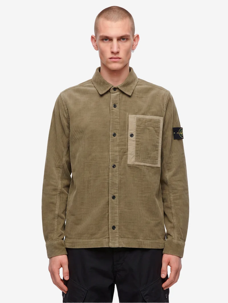 Overshirt verde militare in corduroy di cotone con tasca e badge