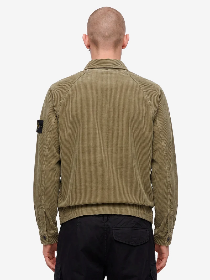 Overshirt verde militare in corduroy di cotone con tasca e badge