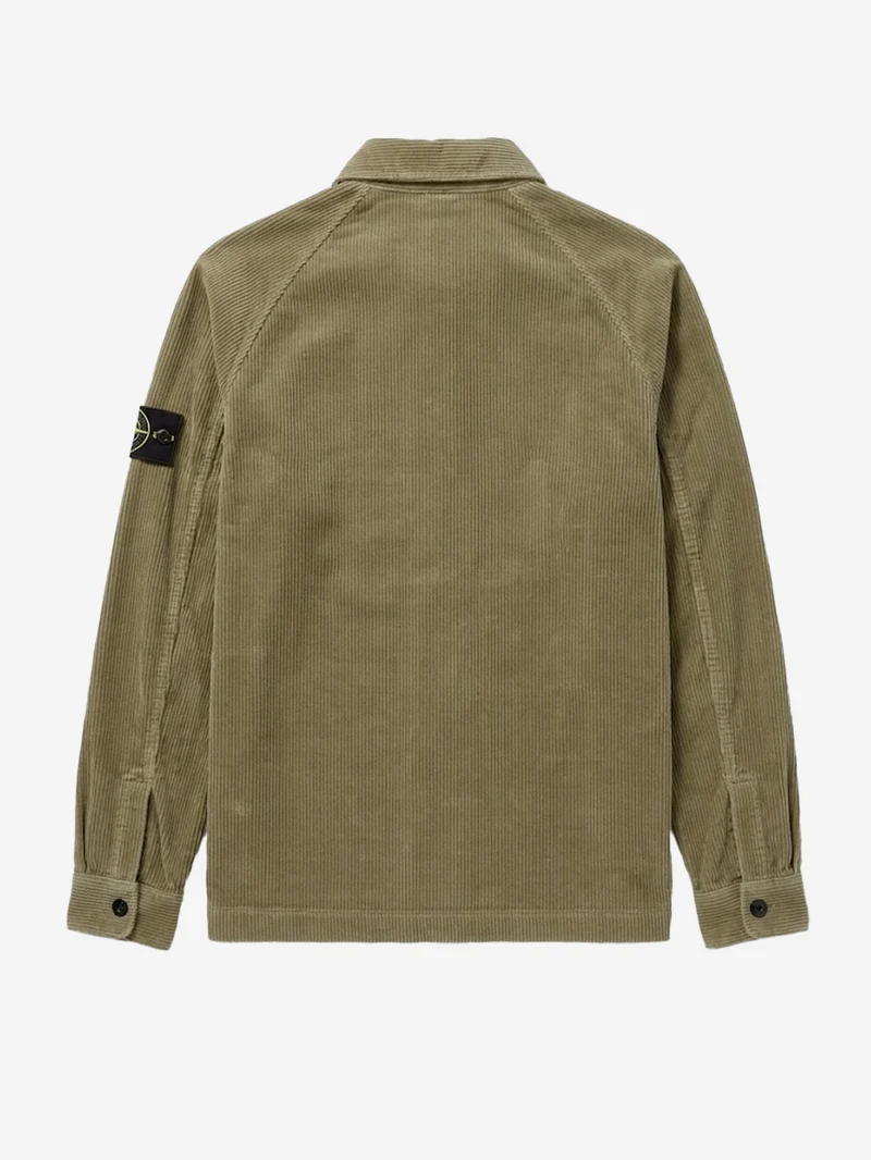 Overshirt verde militare in corduroy di cotone con tasca e badge
