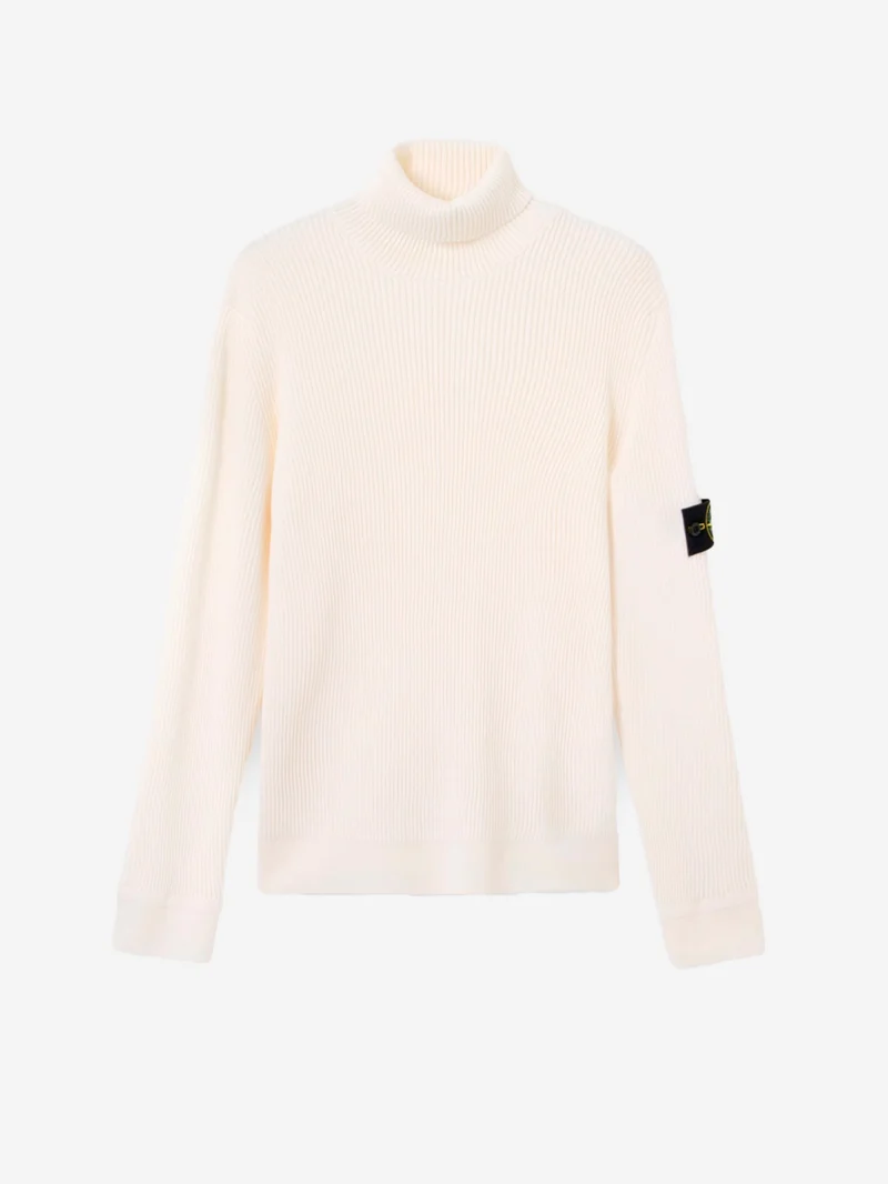 Maglione dolcevita avorio in lana con costine sottili