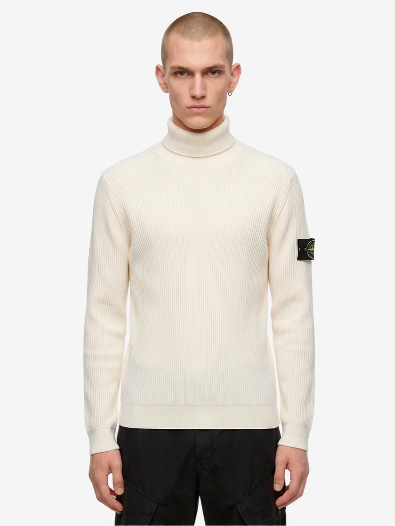Maglione dolcevita avorio in lana con costine sottili