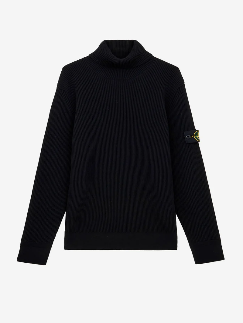 Maglione dolcevita nero in lana con costine sottili