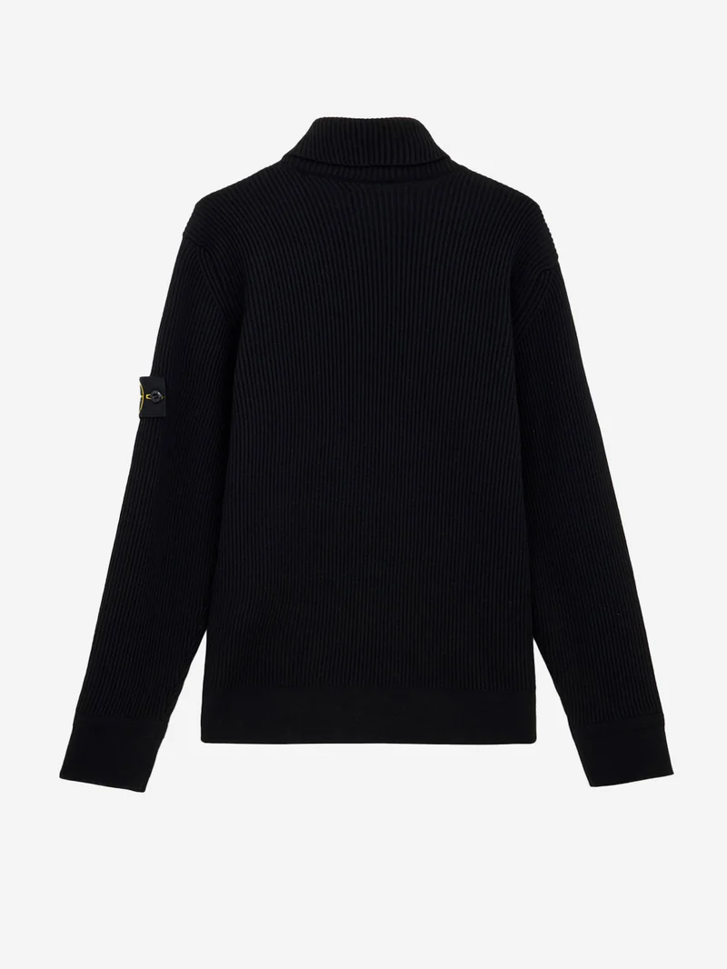 Maglione dolcevita nero in lana con costine sottili