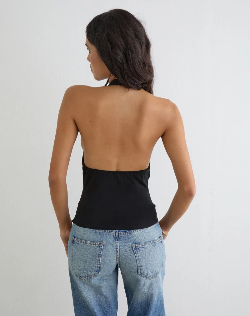 Orvio-Haltertop in Schwarz mit bestickter Paillettenborte