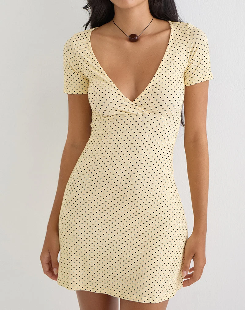 Letiria-Minikleid in Buttergelb mit winzigen Polka-Punkten