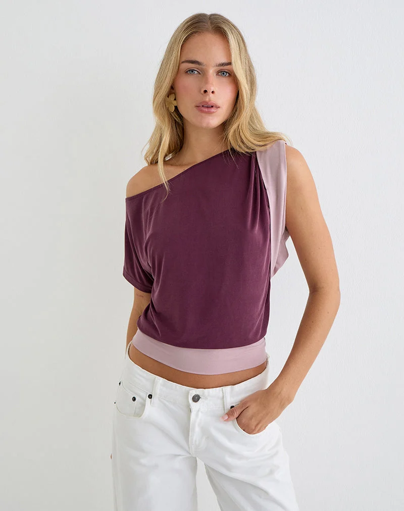 Sobiya-Top mit einer Schulter in Cupro, Farbe: Deep Purple und Dusty Pink
