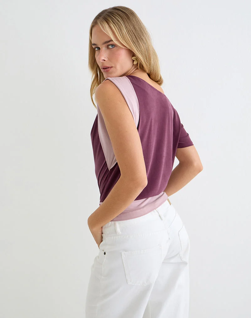 Sobiya-Top mit einer Schulter in Cupro, Farbe: Deep Purple und Dusty Pink
