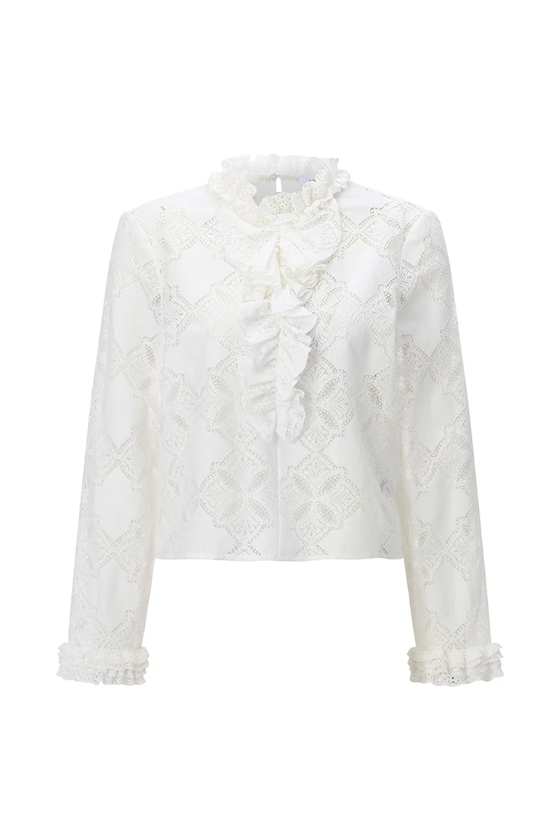 Romantic Blouse with Ruffle, pearl white