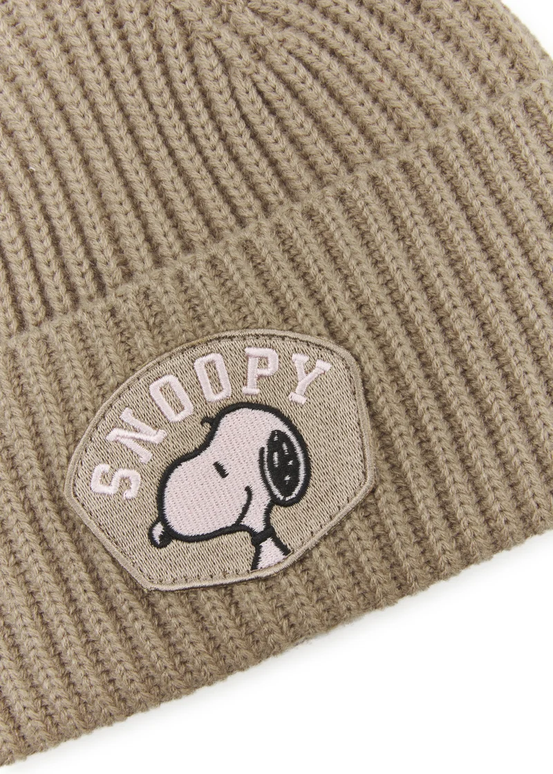 KNITTED HAT POLYACRYL/WOOL SNOOPY BADGE beige-25X22CM, beige