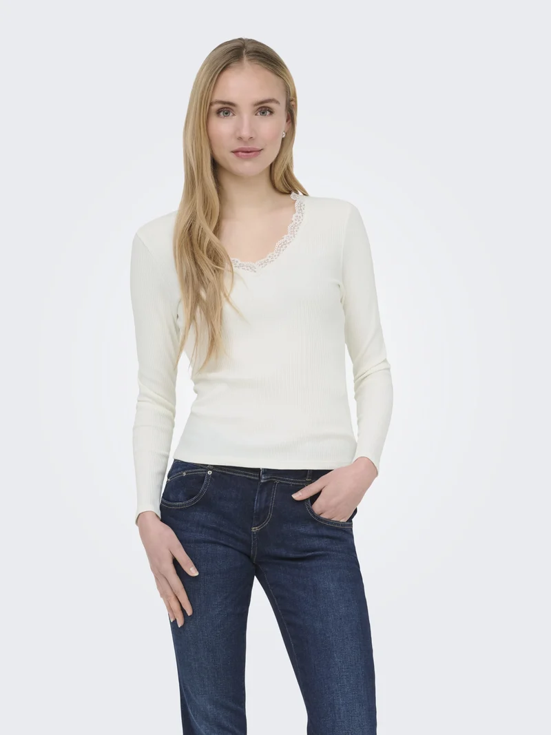 ONLSARA SHARAI L/S V-NECK TOP JRS N, Cloud Dancer