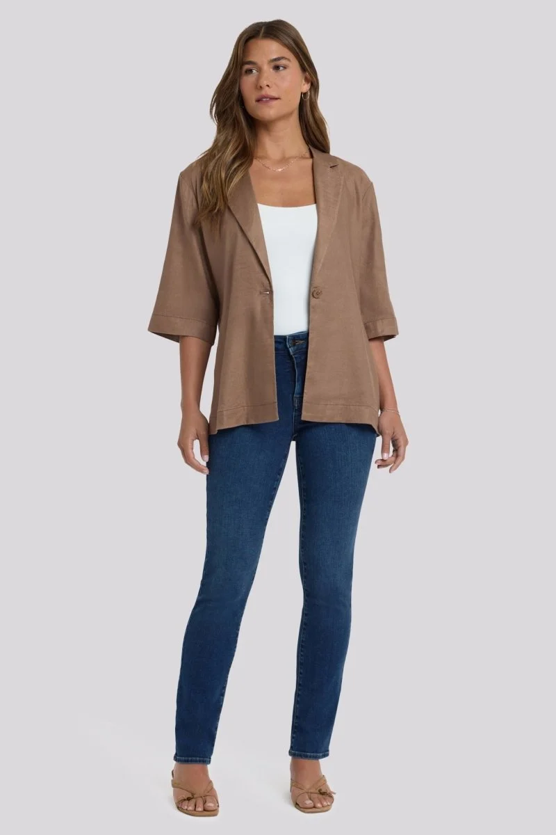 Elbow Sleeve Blazer in Stretch Linen | Toasted Coconut