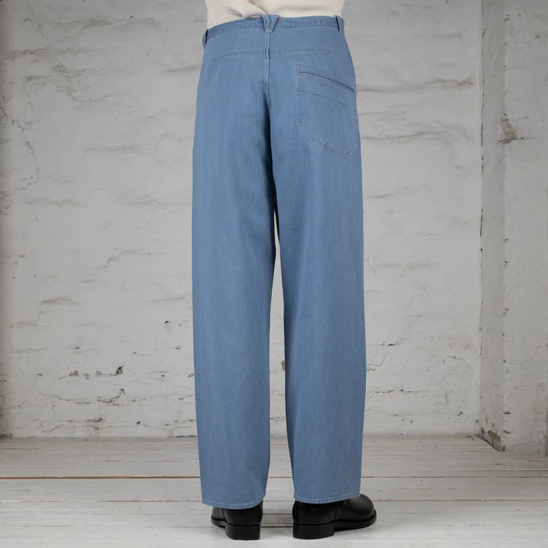 Pleat Denim Trousers Lightweight Herringbone Denim Light Indigo