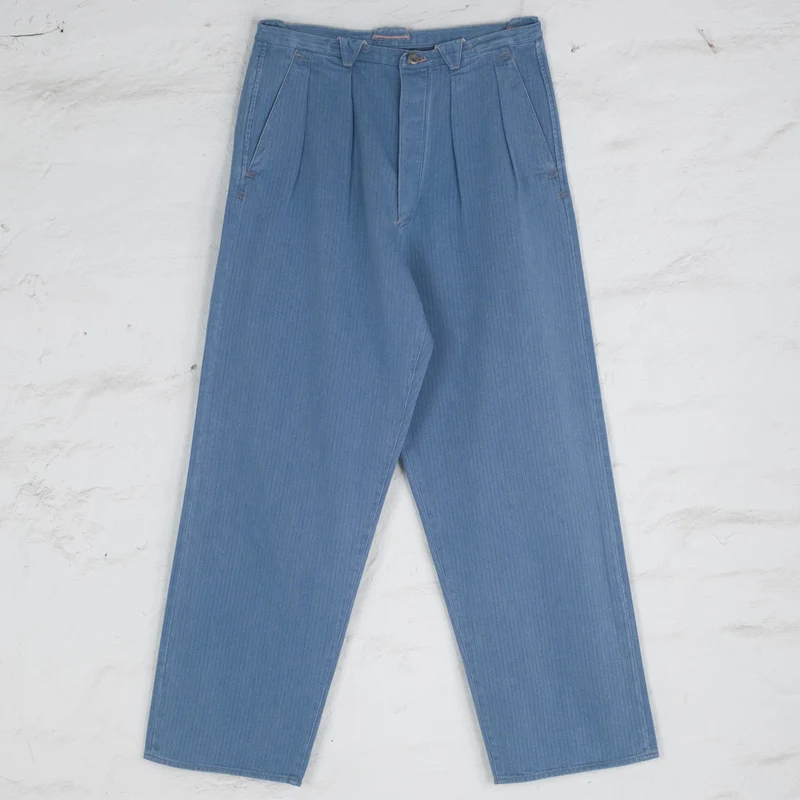Pleat Denim Trousers Lightweight Herringbone Denim Light Indigo