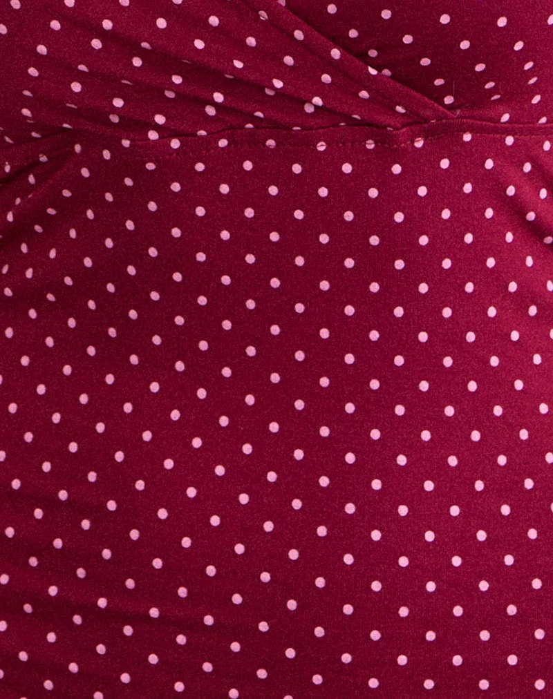 Trudita Minikleid in Weinrot mit rosa Mikro-Polka-Print