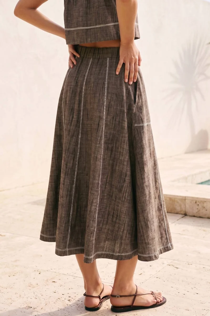 LINEN STITCH MIDI SKIRT: DARK BROWN / S