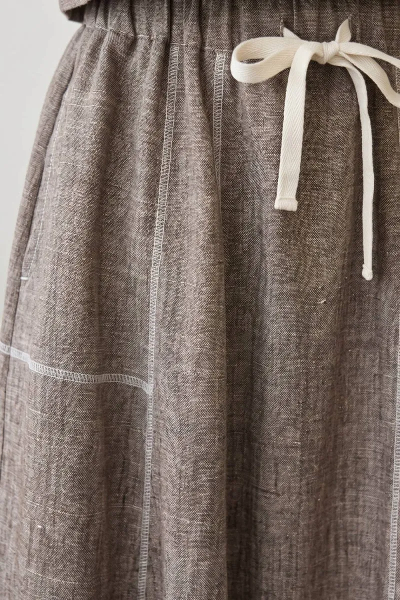 LINEN STITCH MIDI SKIRT: DARK BROWN / S