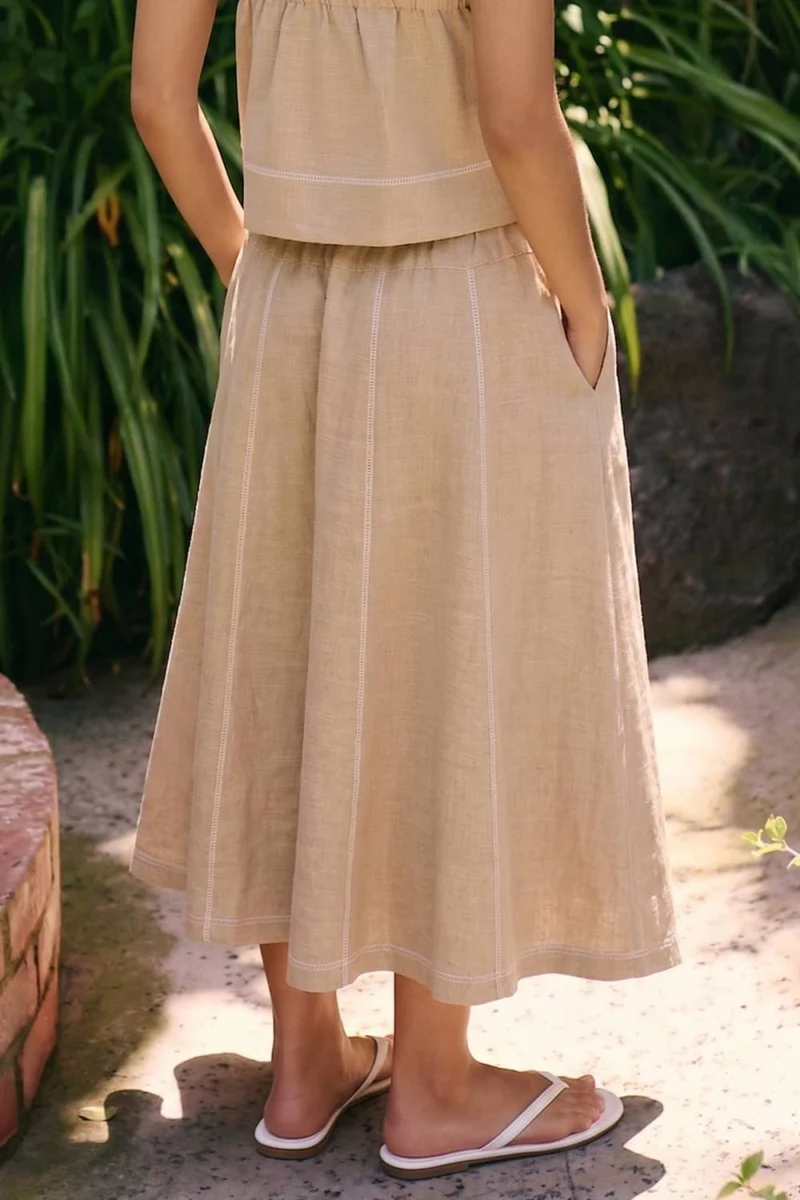 LINEN STITCH MIDI SKIRT: DARK BROWN / S