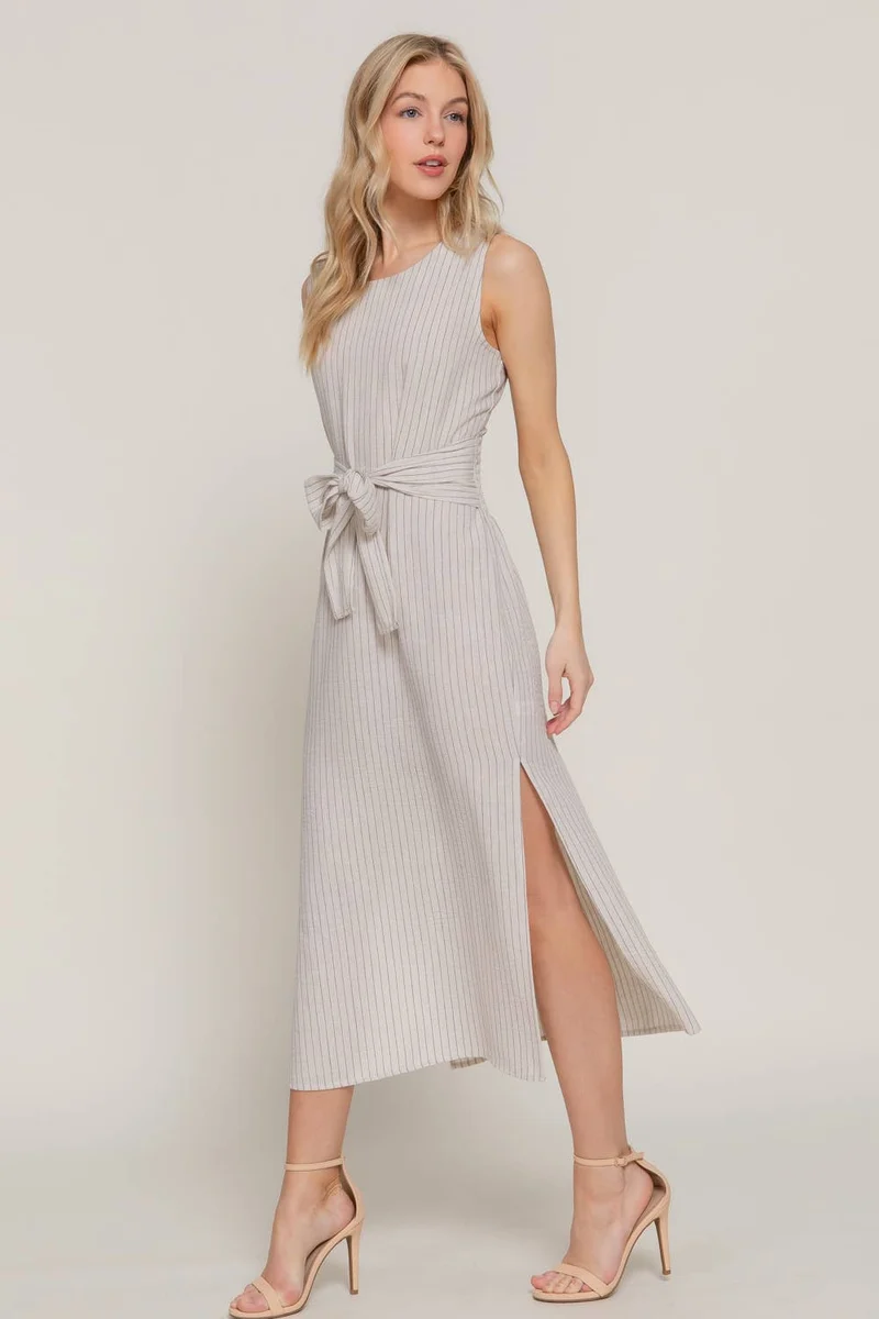 Waist Tie Stripe Linen Midi Dress