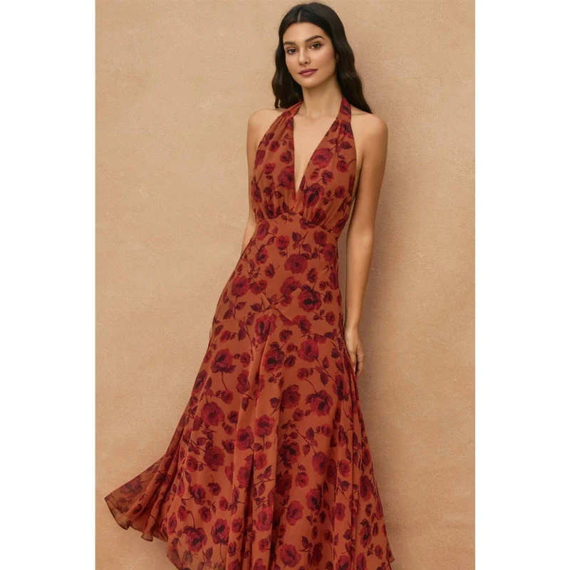 Floral Open Back Drop Waist Halter Dress