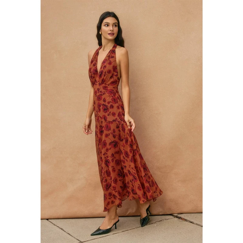 Floral Open Back Drop Waist Halter Dress