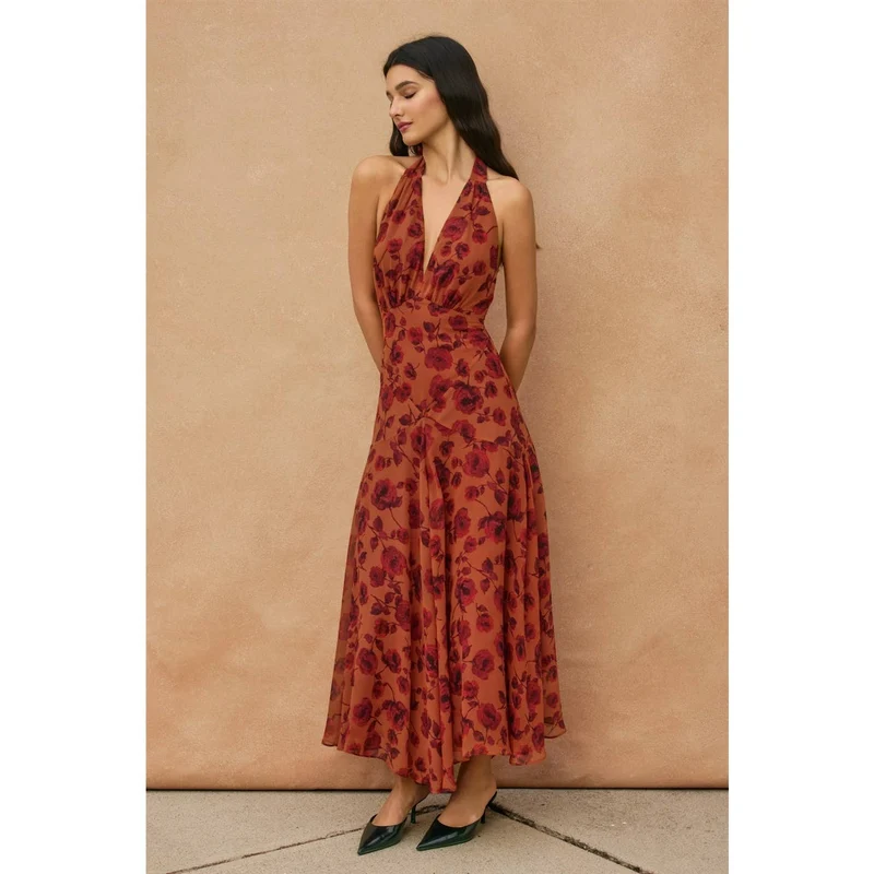 Floral Open Back Drop Waist Halter Dress