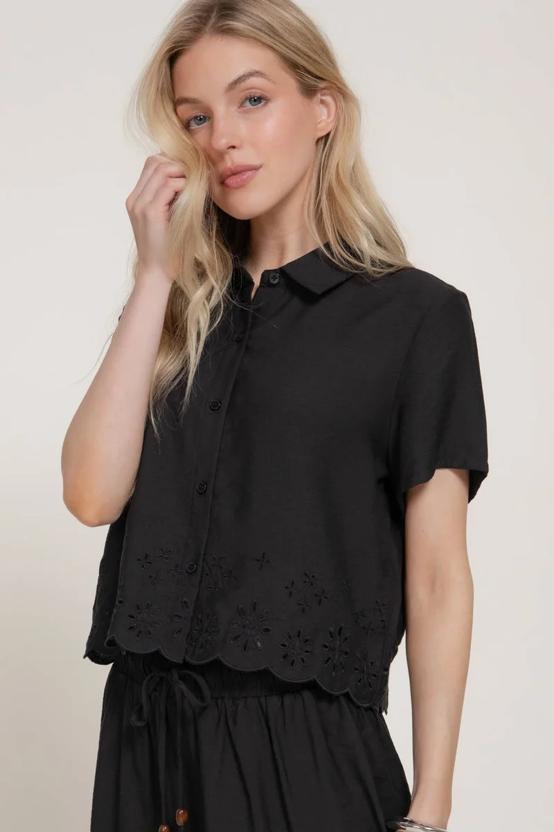 Short Sleeve Eyelet Scallop Hem Woven