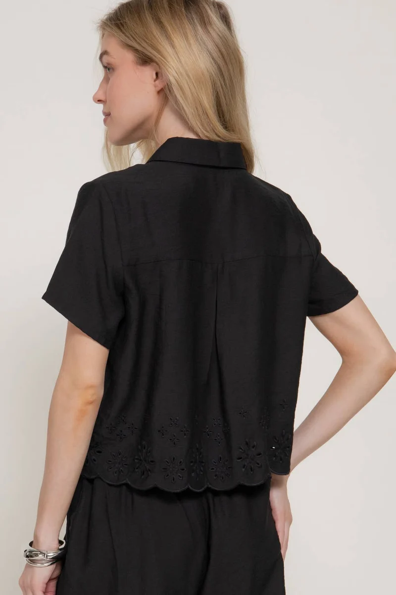 Short Sleeve Eyelet Scallop Hem Woven