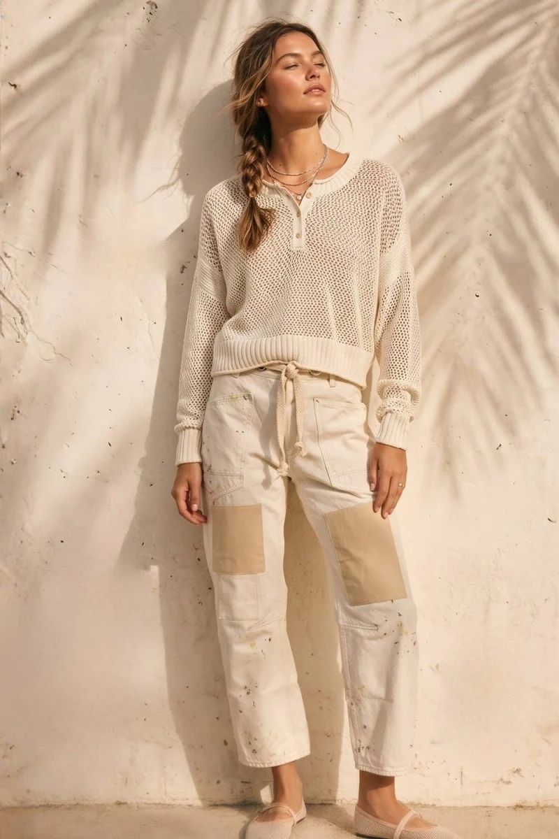 Open Knit Henley Sweater top