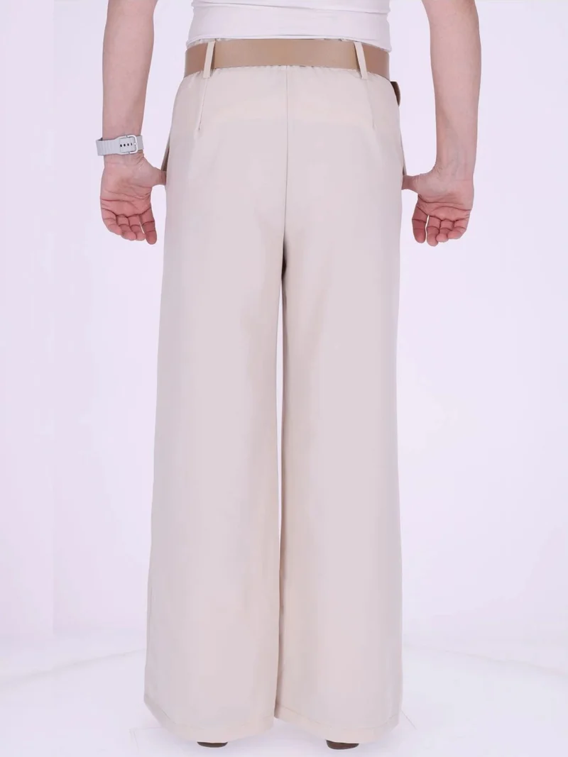 Beige Damen-Sommerhose mit weitem Bein & Gürtel – bequem & chic