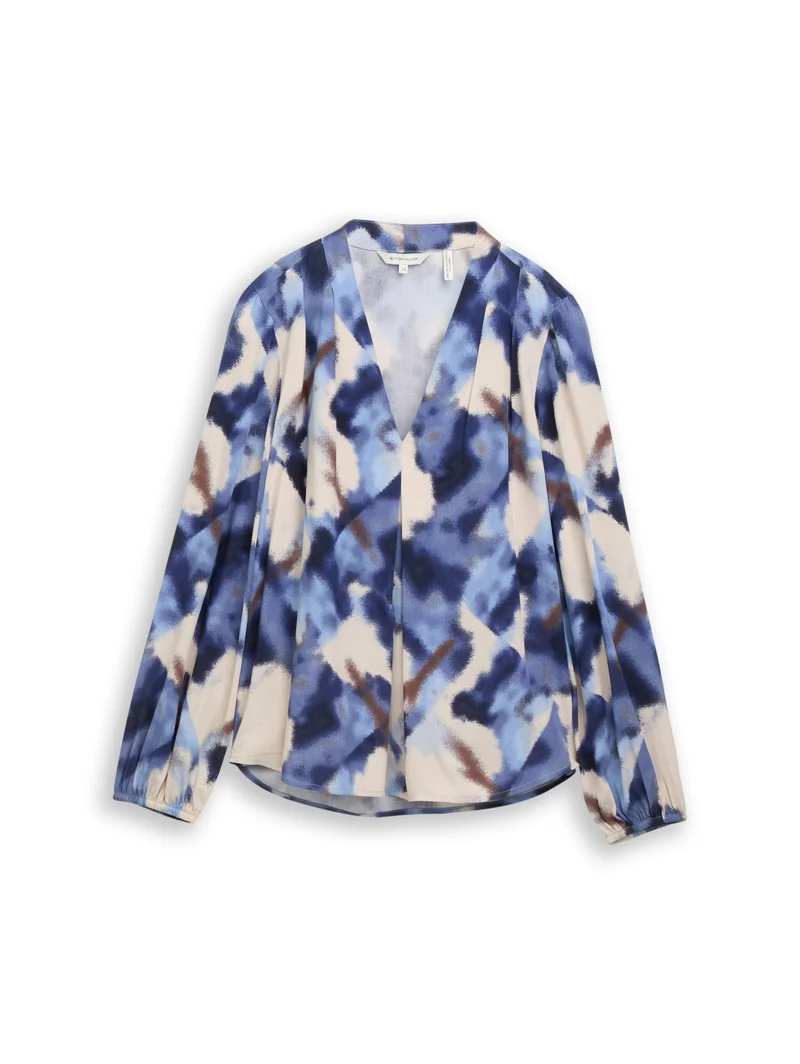 blouse printed V-neck, blue blurry argyle