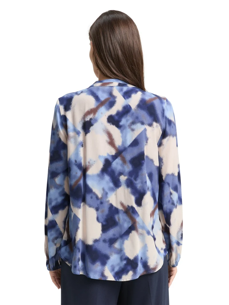 blouse printed V-neck, blue blurry argyle