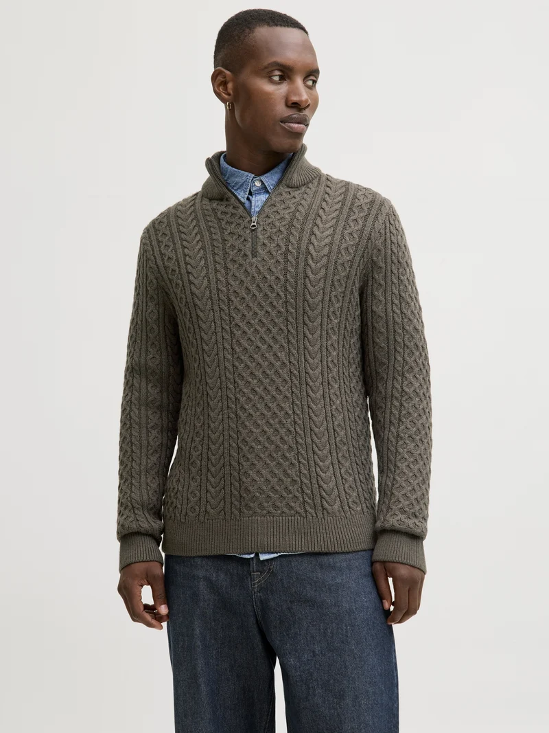 JPRBLUSEAN KNIT CABLE HALF ZIP SN, Black Olive