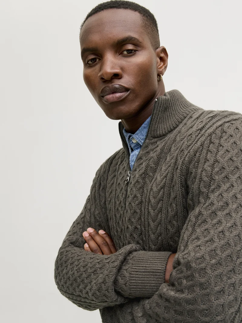JPRBLUSEAN KNIT CABLE HALF ZIP SN, Black Olive