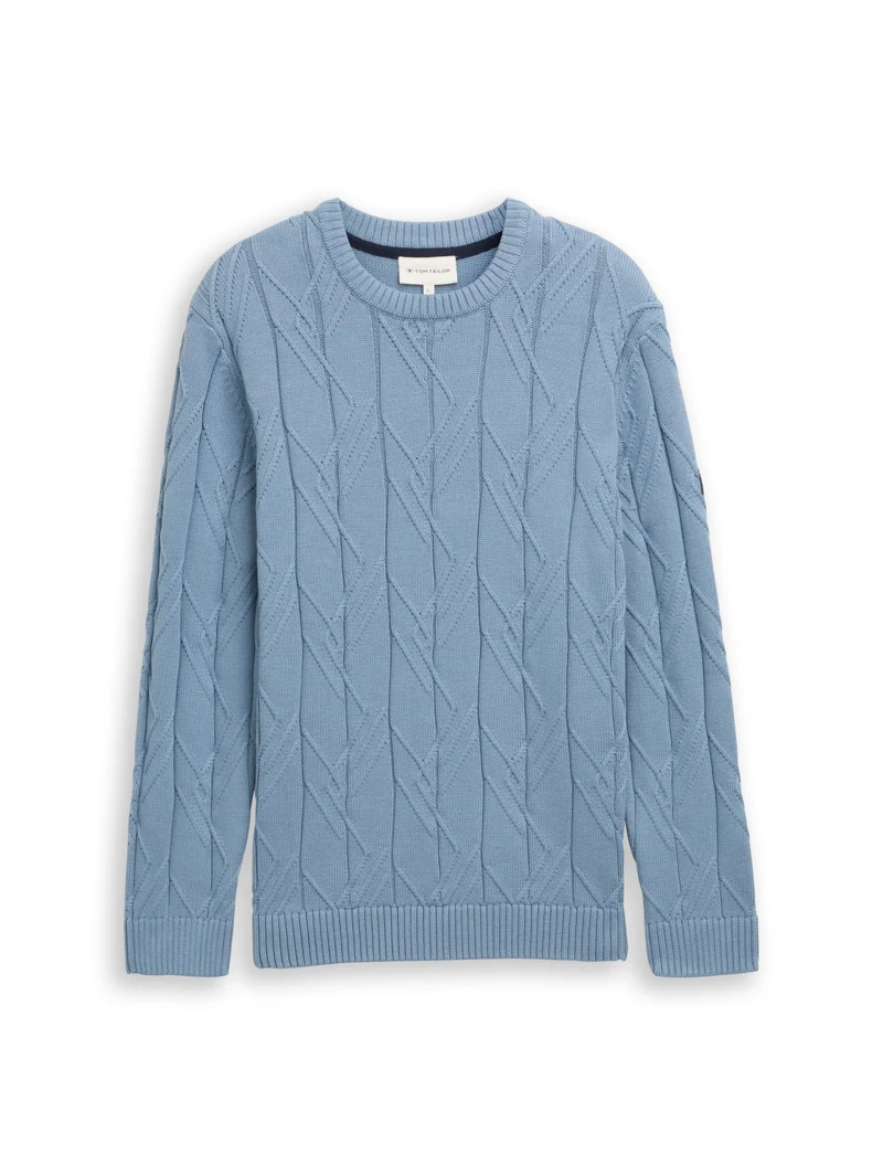 cable knit crew neck pullover, faded denim blue