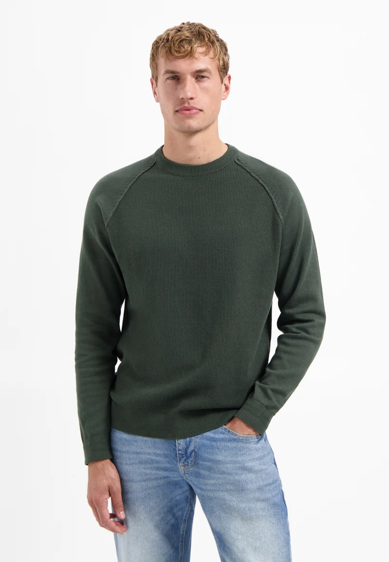Pullover Crewneck Solid Waffle Knit, Dark Green