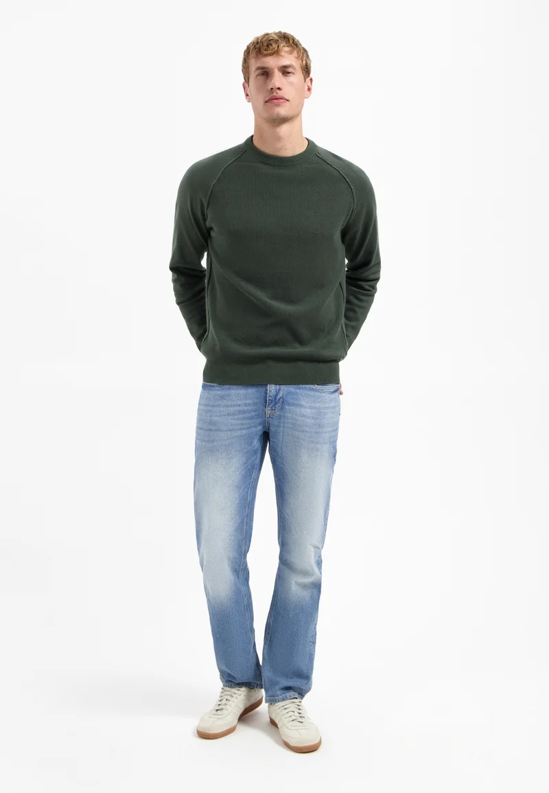 Pullover Crewneck Solid Waffle Knit, Dark Green