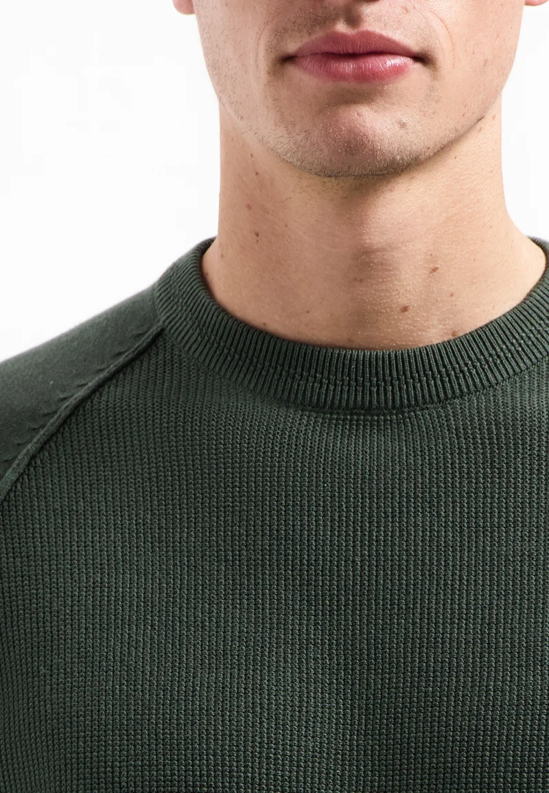 Pullover Crewneck Solid Waffle Knit, Dark Green