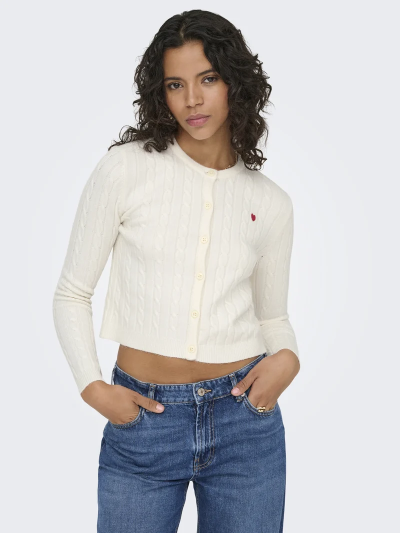 ONLKATIA LS CABLE BUTTON CARDIGAN C, Baby'S Breath/True Red Heart Emb/Dt