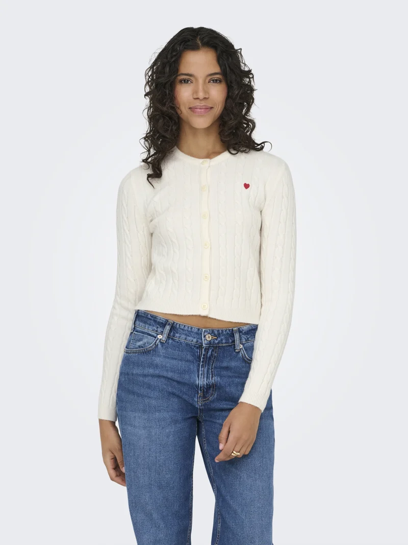 ONLKATIA LS CABLE BUTTON CARDIGAN C, Baby'S Breath/True Red Heart Emb/Dt