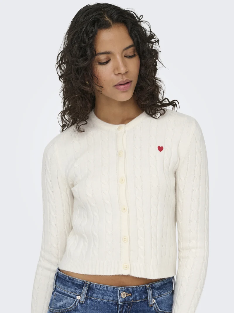 ONLKATIA LS CABLE BUTTON CARDIGAN C, Baby'S Breath/True Red Heart Emb/Dt