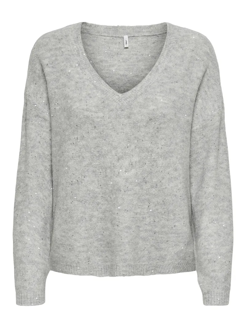 ONLARIZONA LS SEQUINS V-NECK PUL KN, Light Grey Melange/Silver Sequins