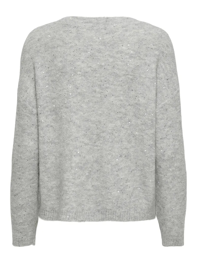 ONLARIZONA LS SEQUINS V-NECK PUL KN, Light Grey Melange/Silver Sequins