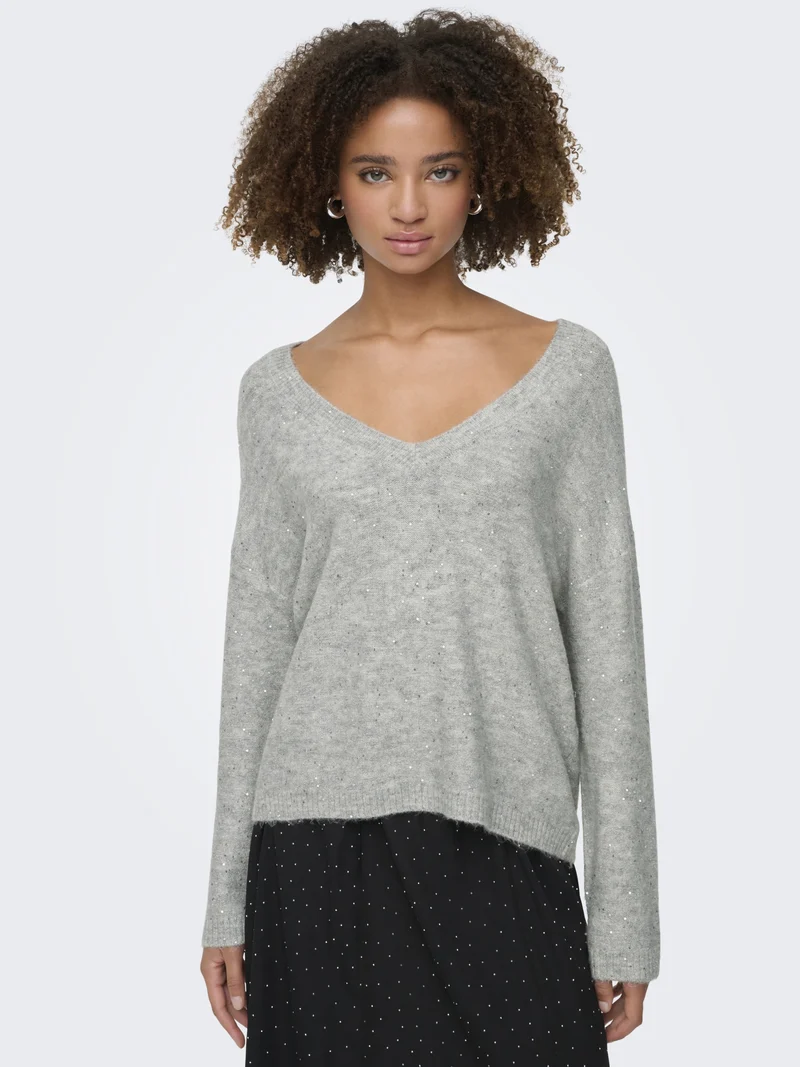 ONLARIZONA LS SEQUINS V-NECK PUL KN, Light Grey Melange/Silver Sequins