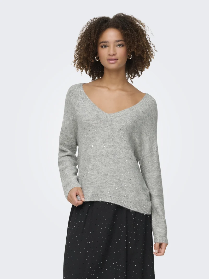 ONLARIZONA LS SEQUINS V-NECK PUL KN, Light Grey Melange/Silver Sequins