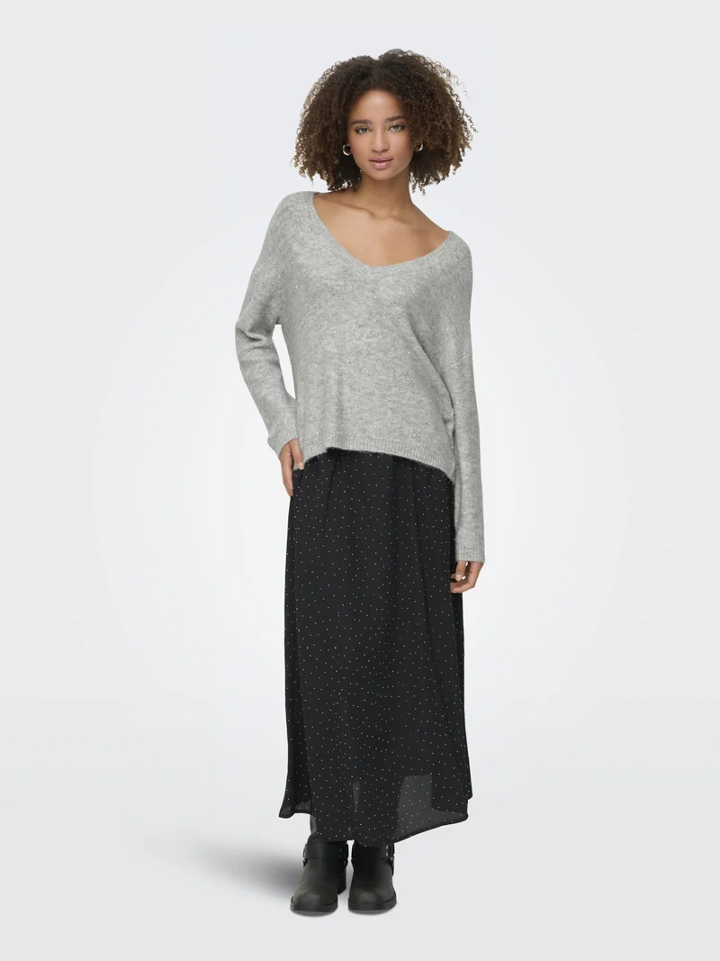 ONLARIZONA LS SEQUINS V-NECK PUL KN, Light Grey Melange/Silver Sequins