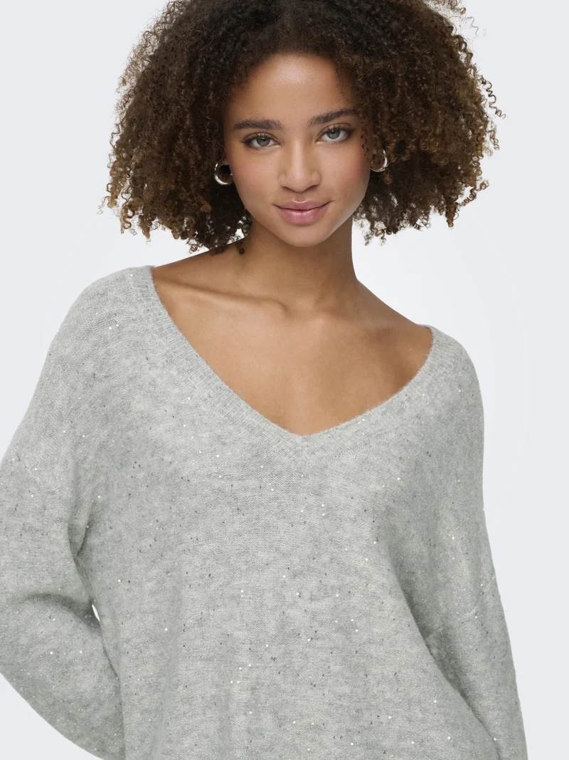 ONLARIZONA LS SEQUINS V-NECK PUL KN, Light Grey Melange/Silver Sequins