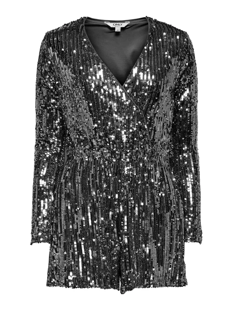 ONLAMABEL LS SEQUINS PLAYSUIT WVN, Black/SEQUNIS